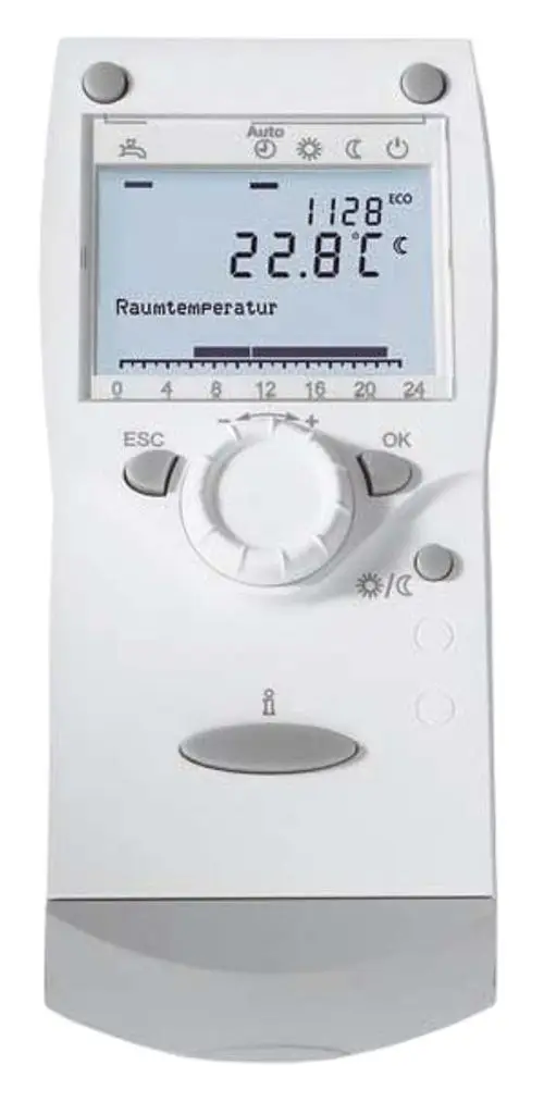 Raumthermostat von Remeha mit digitalem Display, Anzeige der Raumtemperatur von 22.8 °C und Steuerungselementen für Temperaturregelung und Einstellungen.